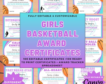 Girls Basketball Awards Certificates | Youth Basketball Team Awards | Editable Canva & Printable End of Season Banquet Awards