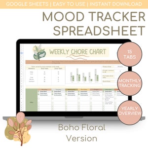 Boho Floral Digital Mood Tracker Google Sheets - Daily and Monthly Emotion Tracker - Mood Log & Journal Template - Mental Health Tracker