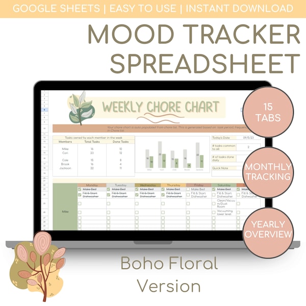 Boho Floral Mood Tracker with Monthly / Yearly Templates | Track Your Sleep Habits & Weather | Google Sheets Template | Therapy Journal