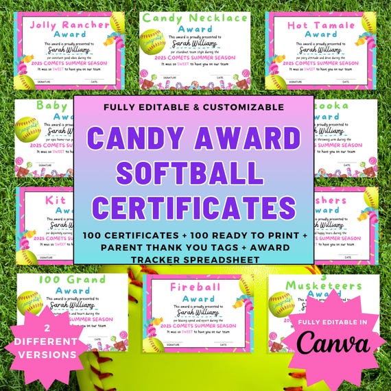 Softball Candy Bar Awards: Printable Certificates for Kids (Digital Download)