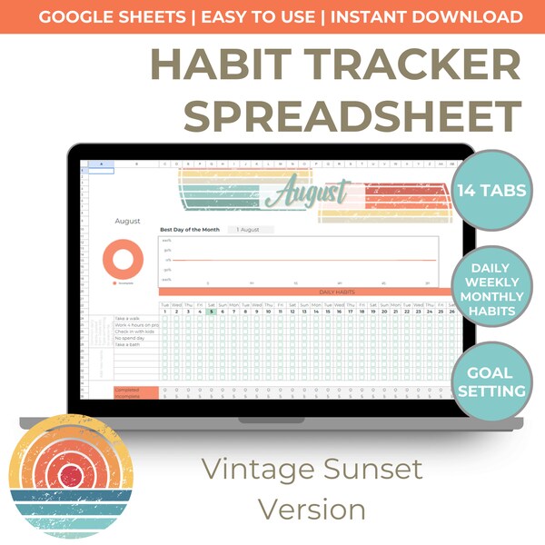 Vintage Sunset Habit Tracker Spreadsheet | Daily, Weekly, Monthly Habits | Yearly Goal Setting | Google Sheets | Digital Habit Tracker