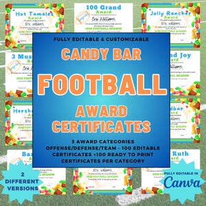 May include: A collection of editable football-themed award certificates featuring candy bar names and colorful candy graphics. The central text reads FULLY EDITABLE & CUSTOMIZABLE CANDY BAR FOOTBALL AWARD CERTIFICATES, 3 AWARD CATEGORIES, 100 EDITABLE CERTIFICATES.