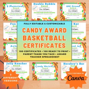 Könnte beinhalten: Eine Sammlung von Basketball-Zertifikaten mit Süßigkeiten-Thema und farbenfrohen Rändern. Die Zertifikate sind vollständig editierbar und zeigen Süßigkeitennamen. Das Bild enthält auch Dankeskarten für Eltern und eine Tabellenkalkulation zur Verfolgung von Auszeichnungen.