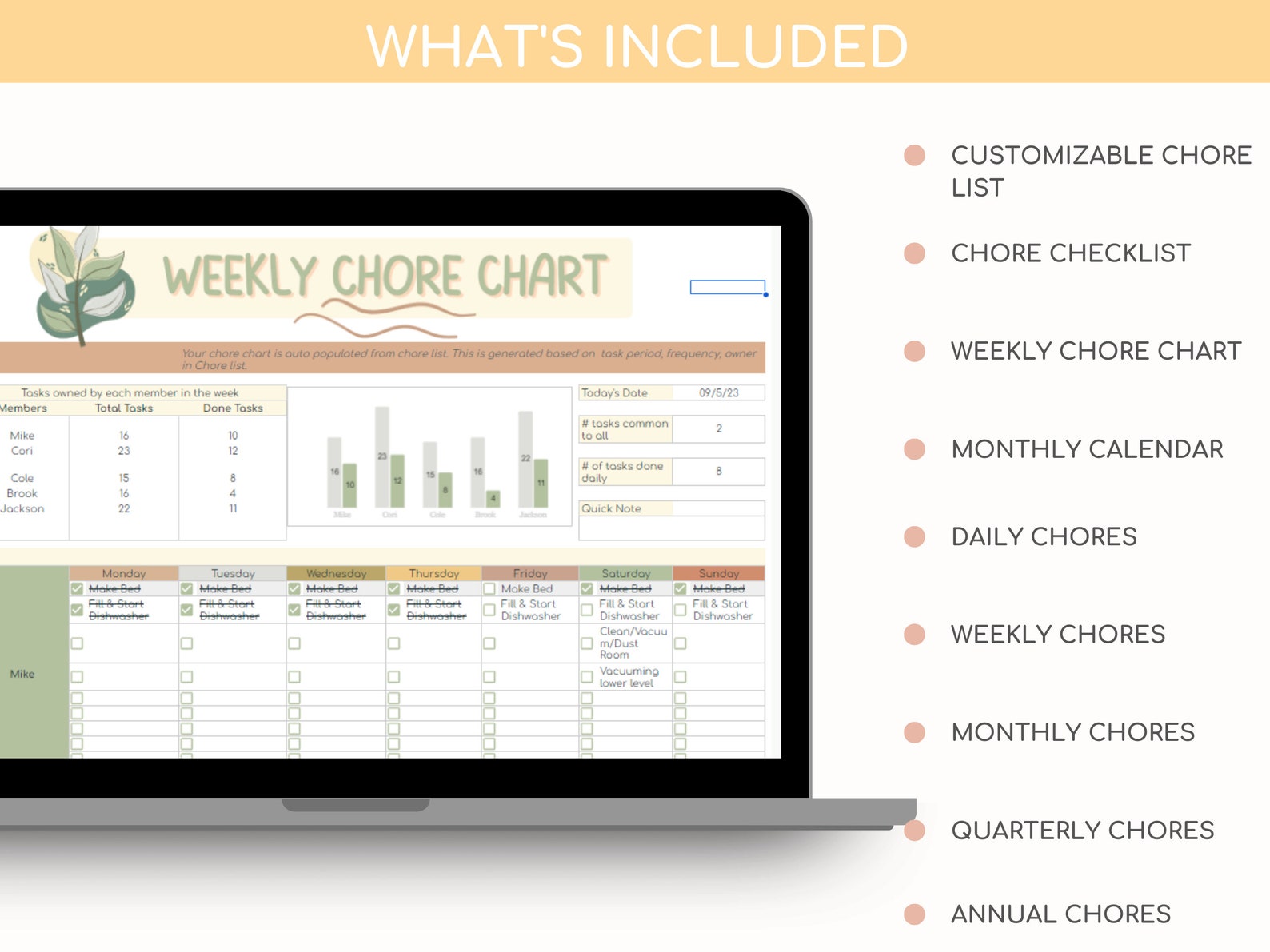Boho Floral Family Chore Chart Easy-to-use Spreadsheet for Daily ...