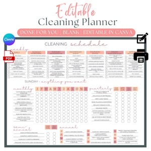 Planner de limpeza editável | Tabela de tarefas para TDAH – Lista de verificação doméstica para impressão | Cronograma de limpeza (download digital em PDF) editável no Canva
