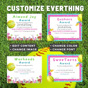 May include: Four colorful softball awards with text: "Almond Joy Award", "Gushers Award", "Warheads Award", and "SweeTarts Award". Each award is customizable and features a softball graphic and candy illustrations. The words "Customize Everything" are at the top.