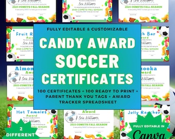 Fußball-Candy Bar Auszeichnungen | Ausdruckbare Team Urkunden | 200 bearbeitbare - druckfertige Designs | Saisonabschluss Fußball Geschenk | Canva PDF Bundle