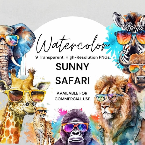 Safari Animals Sunglasses Summer Clipart, Watercolor, Transparent PNGs, Clipart for Commercial Use, Zebra, Cheetah, Giraffe, Elephant