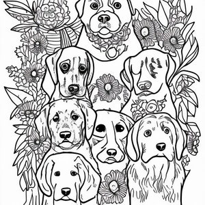 Dogs and Flowers Abstract Coloring Page PDF Digital Download