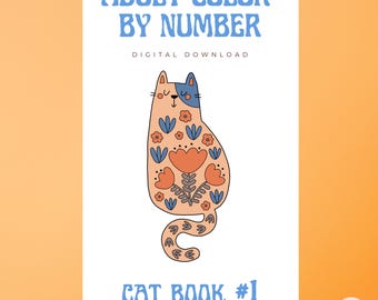 May include: A digital download cover for an adult coloring book. The design features a stylized cat with floral patterns in shades of orange, blue, and peach. The text reads "ADULT COLOR BY NUMBER" and "CAT BOOK #1".