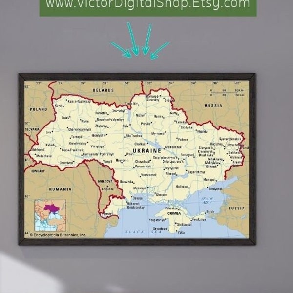 Map of Ukraine, Ukrainian Digital map, Wall Decor Map Art, Geography Map of Ukraine, Towns in Ukraine, Name of Ukrainian town Map