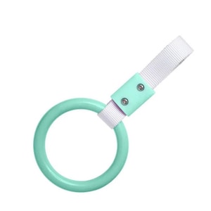 May include: A mint green circular handle with a white strap and a mint green connector. The handle is attached to a white strap with a mint green connector secured by two silver screws. The handle is a solid, smooth ring.