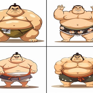 May include: Four illustrations of sumo wrestlers in different poses. The wrestlers are all wearing traditional sumo wrestling attire, including a loincloth and a belt. The wrestlers are all depicted with a serious expression on their faces.