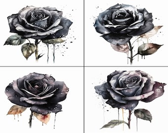 Black Rose watercolour clip art png x 20 | Gothic Roses | Botanical | Flower art bundle | Crafts Scrapbooking Collage Making