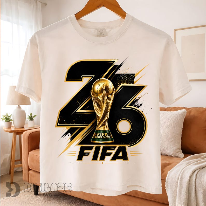 Może przedstawiać: Kremowa koszulka z grafiką złotego trofeum FIFA World Cup. Projekt zawiera numery "23" i "6" w kolorze czarnym i złotym, z napisem "FIFA" poniżej. Koszulka jest prezentowana na drewnianym wieszaku.
