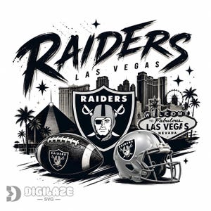 Könnte beinhalten: Ein schwarz-weißes Grafikdesign mit dem Text RAIDERS LAS VEGAS, einem Raiders-Schild-Logo, einem Football, einem Football-Helm und der Skyline von Las Vegas mit dem Welcome to Fabulous Las Vegas-Schild. Das Digilaze SVG-Logo ist unten zu sehen.