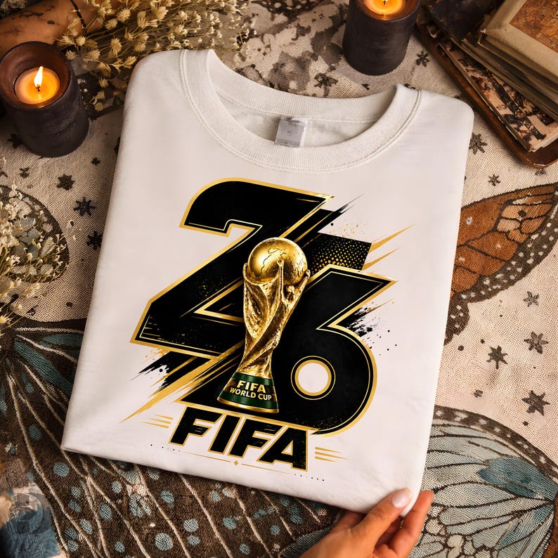 Może przedstawiać: Biała bluza z nadrukiem graficznym na Mistrzostwa Świata FIFA. Projekt zawiera numer "23" w kolorze czarnym i złotym, trofeum Mistrzostw Świata FIFA i słowo "FIFA".