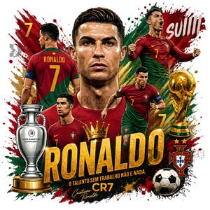 Può includere: Un'illustrazione grafica con Cristiano Ronaldo nella maglia rossa e verde del Portogallo, il numero 7, una corona d'oro, il trofeo del Campionato Europeo UEFA, la Coppa del Mondo FIFA, un pallone da calcio e il testo Ronaldo, CR7 e Suiii.