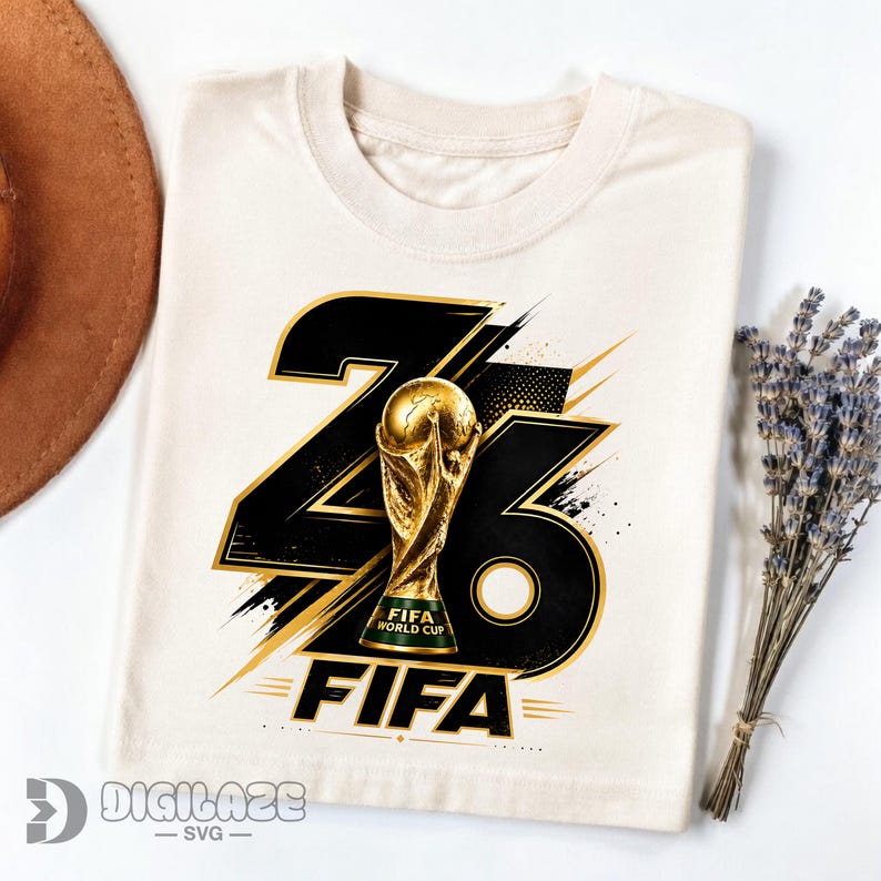 Może przedstawiać: Kremowa koszulka z grafiką złotego trofeum FIFA World Cup. Projekt zawiera czarne i złote cyfry "26" ze słowem "FIFA" poniżej. Brązowy kapelusz i gałązka lawendy znajdują się w tle.