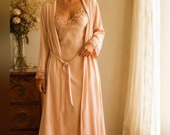 Vintage 100% Silk Blush Pink Robe & Nightgown Set | Sandwashed Silk