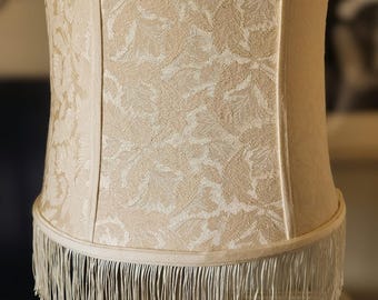 Vintage Imperial Shade Lamp Co. Fringe Drum Lampshade Cream Damask Mid Century