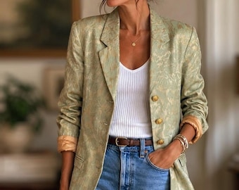 Vintage Charles Gray London Sage Damask Blazer | Gold Crest Buttons
