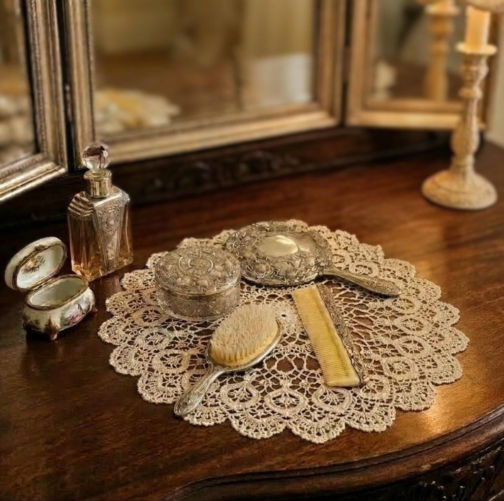 Antique Ornate Vanity Set with Hand Mirror, Brush, Comb & Powder/Trinket Jar