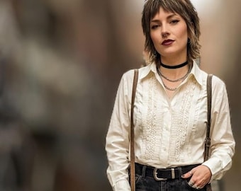 Dialogue Off White Ruffle Tuxedo Shirt Button Front Unisex. Glam.