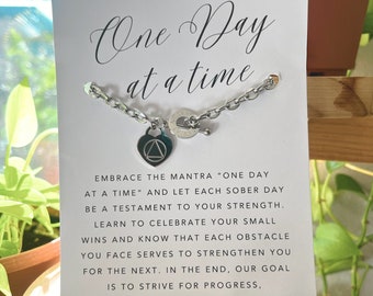 Sobriety Bracelet- One day at a time, Sobriety gift For Women AA Gift Addiction Recovery Gift Anniversary Gift AA jewelry logo Sober Card