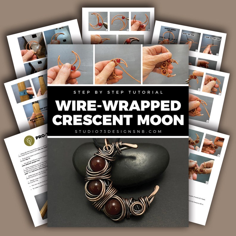 May include: A step-by-step tutorial for making a wire-wrapped crescent moon pendant. The tutorial includes photos of each step and a finished pendant with red stones.