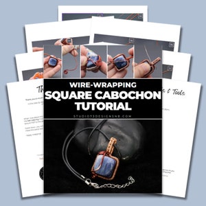 May include: A step-by-step tutorial on how to wire wrap a square cabochon. The tutorial includes photos of each step and a finished necklace with a blue stone cabochon.