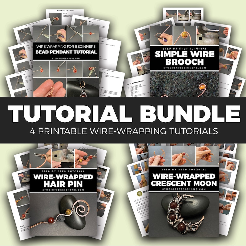 Puede incluir: Un paquete de cuatro tutoriales imprimibles de envoltura de alambre. Los tutoriales incluyen instrucciones para hacer un colgante de cuentas, un broche de alambre simple, una horquilla envuelta en alambre y una luna creciente envuelta en alambre.