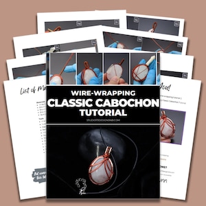 May include: A wire-wrapping tutorial for making a classic cabochon pendant. The tutorial includes step-by-step instructions and photos. The finished pendant features a white cabochon stone wrapped in copper wire.