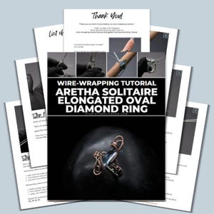 Könnte beinhalten: Drahtwickel-Anleitung für einen länglichen ovalen Diamantring. Das Tutorial enthält Schritt-für-Schritt-Anleitungen und Fotos des fertigen Rings.