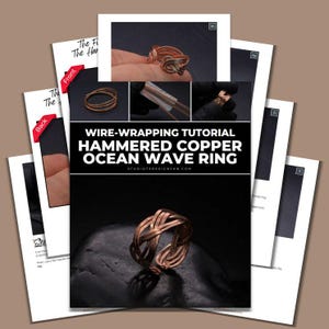 May include: A copper wire-wrapped ring with a hammered finish, displayed on a black surface. The ring has an ocean wave design. The image also includes a tutorial with the text "WIRE-WRAPPING TUTORIAL HAMMERED COPPER OCEAN WAVE RING".