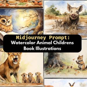 Illustration de livre pour enfants animaux aquarelle Midjourney Prompt | 5.1 Scène de personnage Dessin fantaisiste Peinture Art mural pour chambre d'enfant