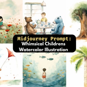 Acuarela niños libro ilustración Midjourney Prompt / 5.1 Animal jugando acuarela dibujo pintura niños vivero arte de pared digital