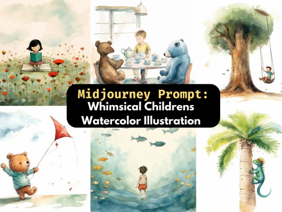 Watercolor Childrens Book Illustration Midjourney Prompt 5.1 Animal Playing  Watercolor Drawing Painting Kids Nursery Digital Wall Art 