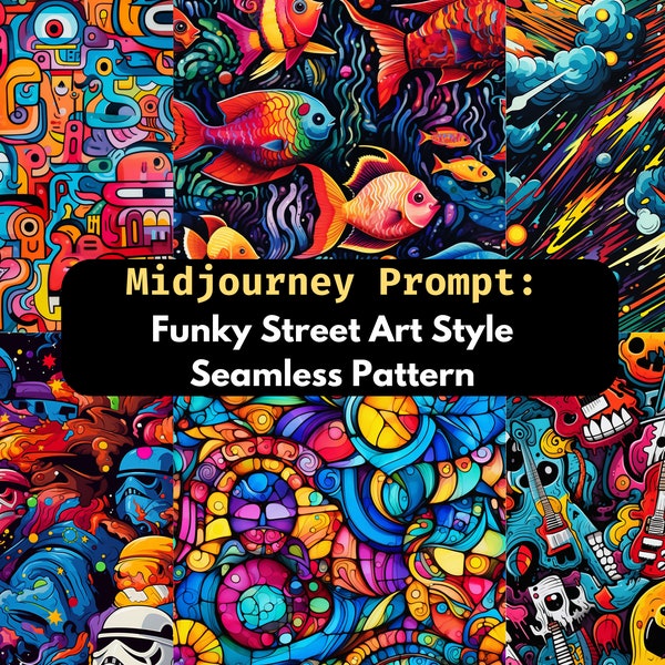 Funky Street Art Seamless Pattern Midjourney Prompt | Urban Graffiti Mural Gift Wrap Wrapping Paper AI Art Customizable Abstract Graphics