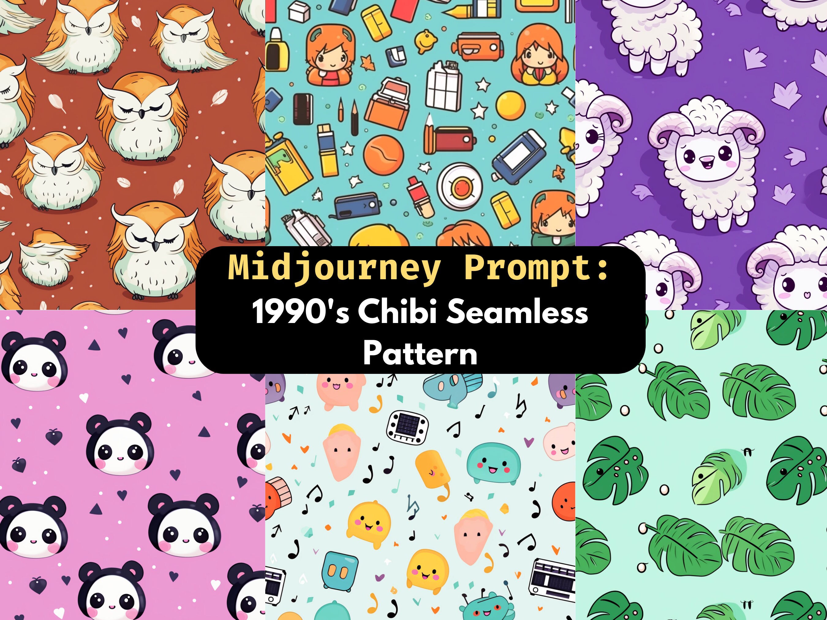 1990s Chibi Seamless Pattern Midjourney Prompt | Animal Cute Anime Japanese Stickers AI Art generator Customizable Vector Graphics Icons