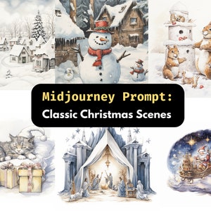 Scena dell'acquerello di Natale Prompt di metà viaggio / Storia personalizzabile Libro illustrato Biglietto di auguri Illustrazione di vacanza vintage ai Clipart Graphic