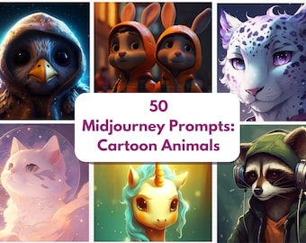 50 invites de mi-journée d'animaux de dessin animé | Ai Prompts Anime, Handdrawn, 2D, 3D Illustration vectorielle Conception professionnelle Art numérique Open ai Dall E