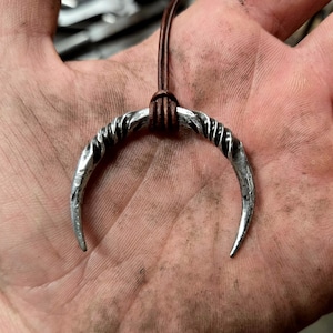 Hand-Forged Crescent Moon Pendant – Twisted Steel Necklace on Leather Cord | Viking, Boho, Gothic Jewelry | Unique Blacksmith Gift