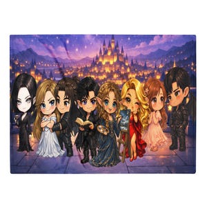 May include: A throw blanket featuring a fantasy illustration of eight chibi-style characters in front of a castle at night. The characters are diverse, with varying hair colors and outfits, and the background shows a city with lit buildings.
