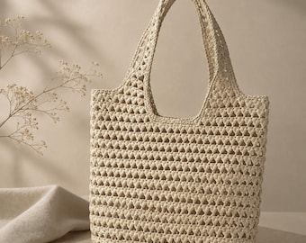 Borsa tote Luna in rafia, borsa a tracolla all'uncinetto fatta a mano, borsa estiva di lusso, borsa da spiaggia intrecciata, borsa minimalista in stile resort