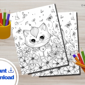 Kawaii Cat Coloring Sheet PDF | Cute Printable Coloring Book for Kids | Girls Party Activity | Instant Digital Printables | PNG Drawing Page