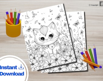May include: A black and white line art coloring page featuring a cute cat sitting in a field of flowers. The cat has large eyes and a bow tie. There are butterflies and other floral details in the background.