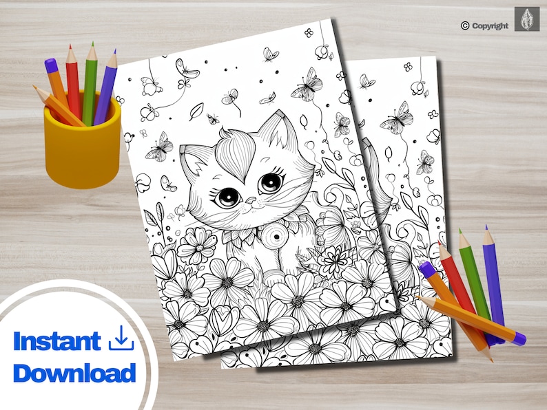 Kawaii Cat Coloring Sheet PDF | Cute Printable Coloring Book for Kids | Girls Party Activity | Instant Digital Printables | PNG Drawing Page
