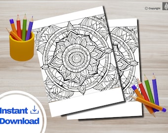 May include: Two black and white printable mandala coloring pages featuring intricate designs with floral patterns. The pages are stacked on top of each other.