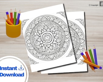May include: Two printable coloring pages featuring intricate black and white mandala designs. Each page has a circular mandala with detailed patterns and a smaller design in the corner.